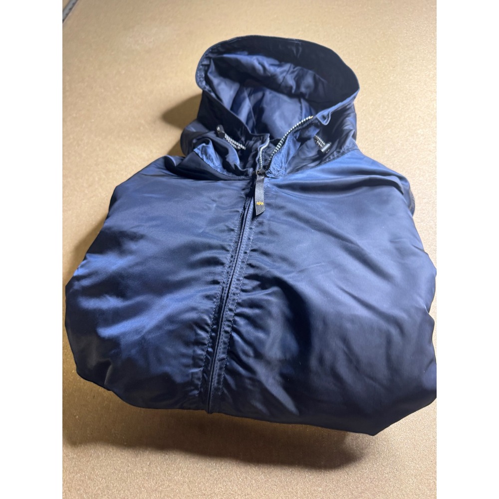 Alpha Industries Mens Hooded Bomber Jacket Navy Blue Flight Nylon Size Medium